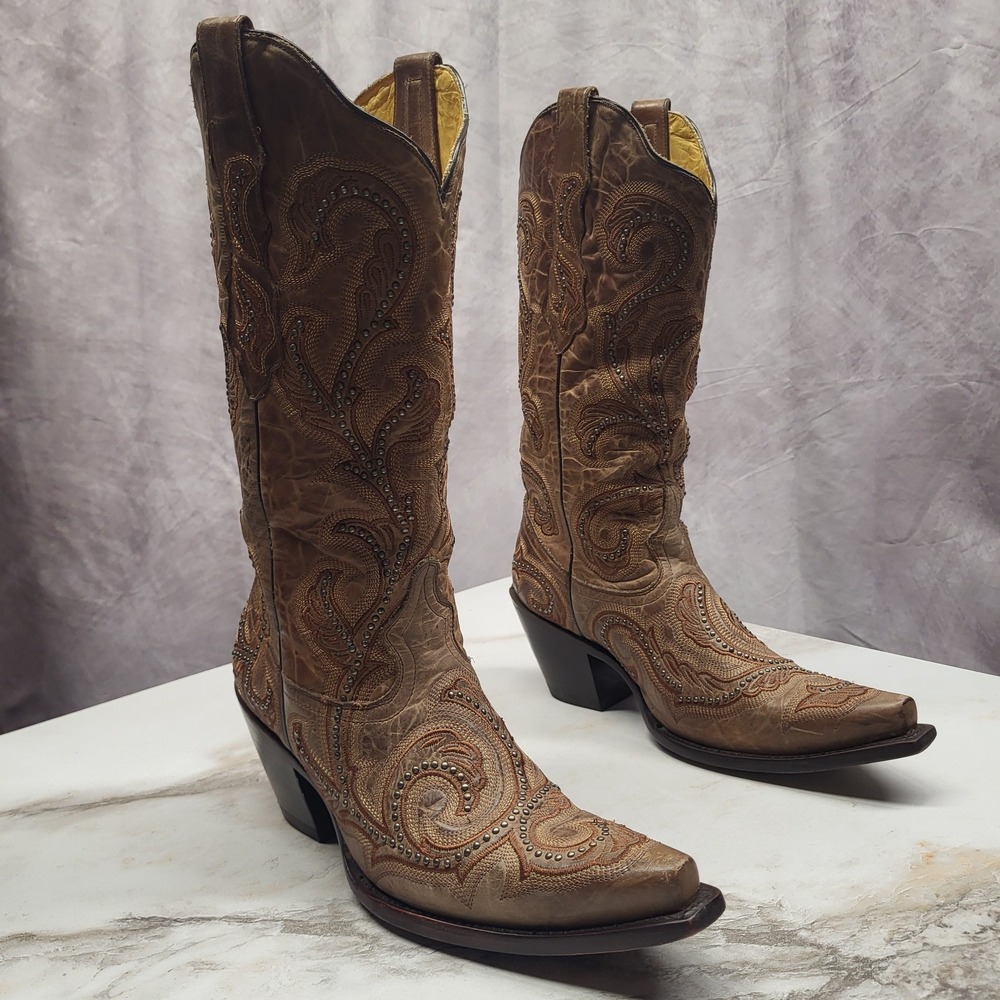 CORRAL Snip Toe Studded Embroidered Western Cowboy Boots Brown Size 7.5 Women's